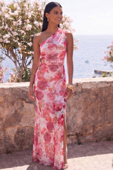 One Shoulder Pink Floral Mermaid Wedding Guest Dress with Slit