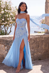 Strapless Blue Floral Appliqued Maxi Dress with Scarf