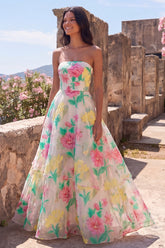 Strapless Daffodil Pink Floral A Line Maxi Dress