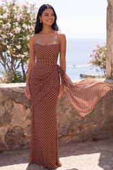 Strapless Brown White Polka Dot Maxi Dress with Sash
