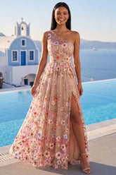 One Shoulder Champagne Floral Wedding Guest Dress with Slit