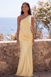 One Shoulder Mermaid Ruched Yellow Maxi Dress