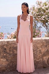 Halter Pink A Line Long Wedding Guest Dress