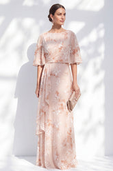 Half Sleeve Floral Champagne A Line Ruffled Mother of the Bride Dress