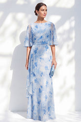 Blue Floral Ruched Mermaid Mother of the Bride Dress with Ruffles
