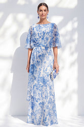 White Blue Floral Ruched Mermaid Half Sleeve Mother of the Bride Dress