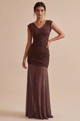 Brown Mermaid Ruched Chiffon V Neck Maxi Formal Dress