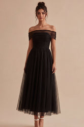 Off the Shoulder A Line Ruched Black Formal Dress