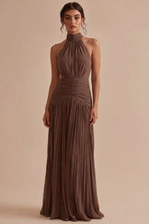 Halter Dark Coffee A Line Ruched Pleated Formal Dress