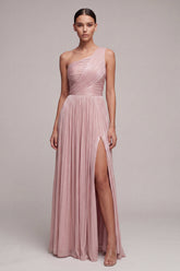 One Shoulder Dusty Rose A Line Ruched Pleated Formal Dress