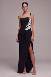Black Ruched Appliqued Mermaid Maxi Formal Dress with Slit