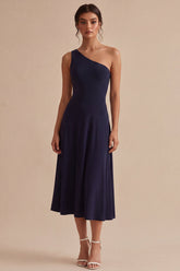One Shoulder A Line Navy Midi Formal Dress