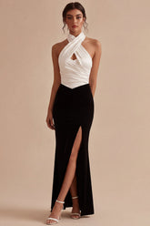Halter Black and White ColorBlock Ruched Mermaid Formal Dress