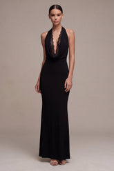 Halter Black Lace Mermaid Backless Maxi Formal Dress