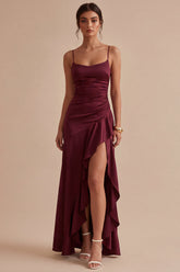 Burgundy Ruched Maxi Formal Dress with Ruffles