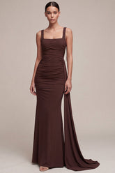 Mermaid Brown Ruched Chiffon Maxi Formal Dress with Side Cape