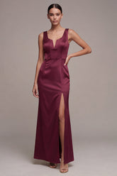 Mermaid Burgundy Corset Satin Maxi Formal Dress with Slit