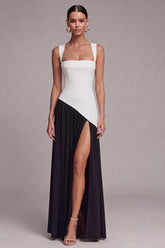 Black and White ColorBlock A Line Pleated Formal Dress with Slit