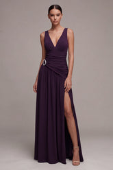 Plum A Line Pleated Ruched Maxi Formal Dress with Slit