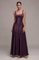 Square Neck Satin Purple A Line Maxi Formal Dress