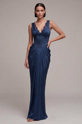 Navy Corset Lace Pleated Mermaid Maxi Formal Dress