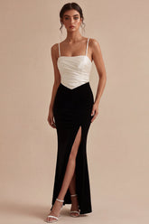Mermaid Ruched ColorBlock Black and White Maxi Formal Dress with Slit