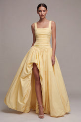 Daffodil A Line Ruched Pleated Maxi Formal Dress with Slit