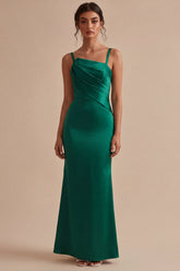 Dark Green Satin Mermaid Ruched Maxi Formal Dress