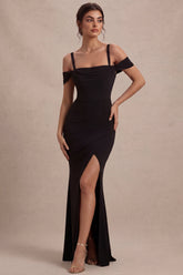 Cold Shoulder Black Ruched Mermaid Maxi Formal Dress
