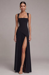 Black Pleated A Line Maxi Formal Dress with Slit