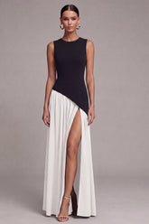 A Line Pleated ColorBlock Black and White Maxi Formal Dress with Slit