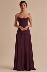 Burgundy Strapless Pleated Ruched A Line Maxi Formal Dress