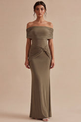 Khaki Off the Shoulder Ruched Mermaid Maxi Formal Dress