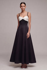 A Line Black and White Ruched Maxi Formal Dress