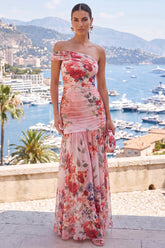 One Shoulder Pink Red Floral Mermaid Wedding Guest Dress