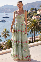 Green V-Neck Sparkly Floral A Line Wedding Guest Dress