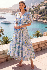 A Line Blue Floral Wedding Guest Dress With Puff Sleeves