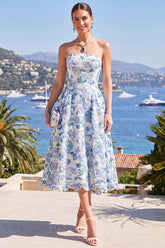 Strapless Blue Print A Line Corset Wedding Guest Dress