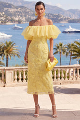 Yellow Bodycon Off the Shoulder Floral Ruffled Wedding Guest Dress