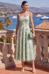 Square Neck Green Floral A Line Beaded Wedding Guest Dress