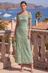 Off the Shoulder Floral Mermaid Sage Green Wedding Guest Dress With Beading