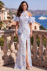 Blue Purple Halter Floral Mermaid Ruffled Wedding Guest Dress