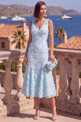 V-Neck Blue A Line Appliqued Wedding Guest Dress