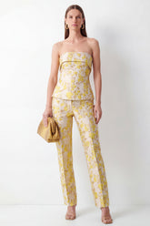 Strapless Yellow Floral 2 Piece Slim Fit Women Suits