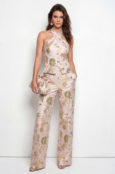Halter Golden Floral 2 Piece Slim Fit Women Suits