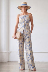 Spaghetti Straps Jacquard 2 Piece Blue Floral Women's Suits