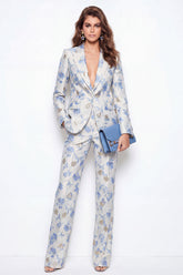 Peaked Lapel Blue Floral Jacquard 2 Piece Women's Suits
