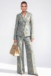Grey Blue Floral Peaked Lapel 2 Piece Women's Suits