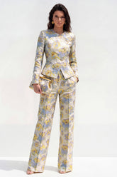 Round Neck Brocade Yellow Floral 2 Piece Women Suits