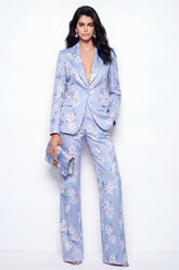 Notched Lapel 2 Piece Blue Floral Single Buckle Women's Suits
